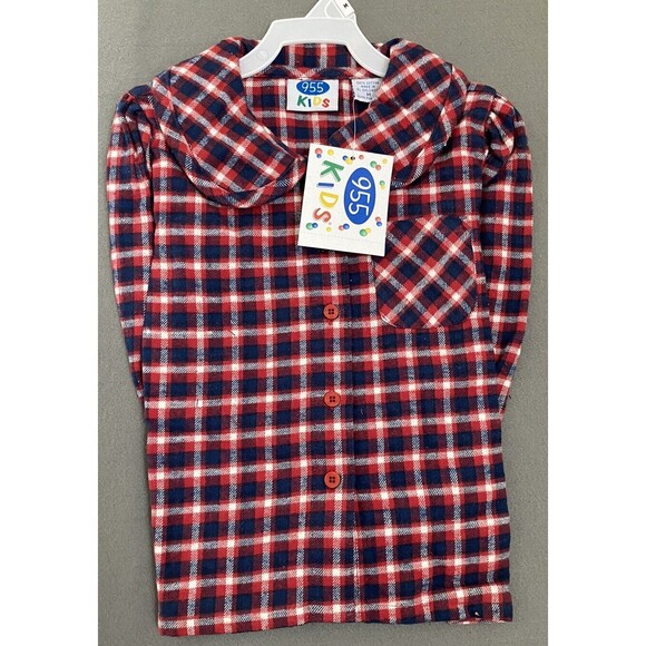 Vintage Shirt Girls Medium Red Blue Button Up Flannel Dead Stock 90s‎ 955 Kids - Picture 2 of 16